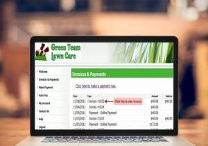 Customer portals screenshot on laptop screen for business Green Team Lawn Care